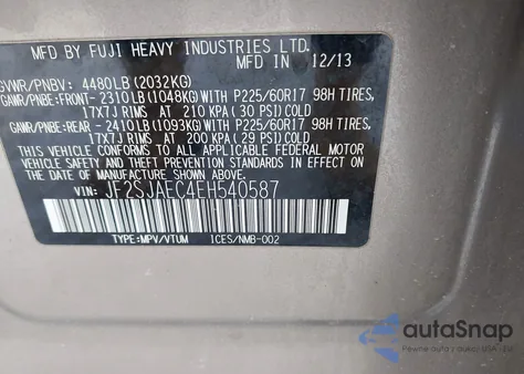 2014 Subaru Forester 2.5I Premium z USA, uszkodzony, nr VIN JF2SJAEC4EH540587